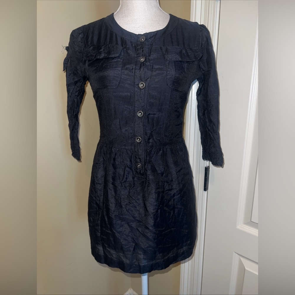 Institute Liberal Silk Cotton Button Up Blouse Dress Black 3/4 Sleeve Size XS